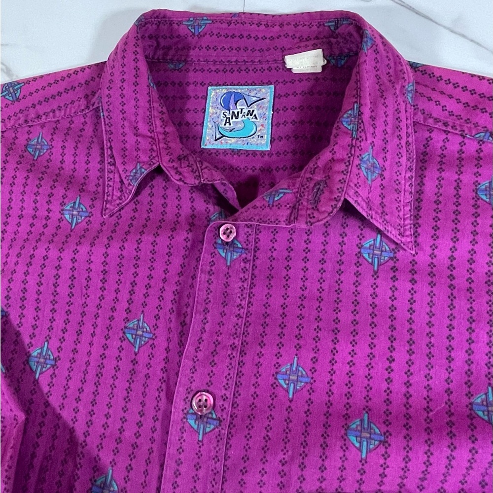 Vintage Santana Shirt Mens XL Button Up Long Sleeve Violet/Purple Funky 90s